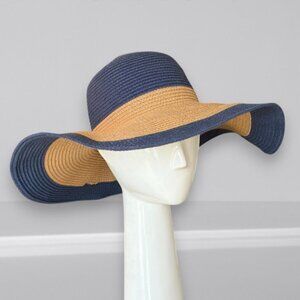 Magid Two Tone Wide Brim Floppy Straw Sun Hat Blue Tan Beach Chic